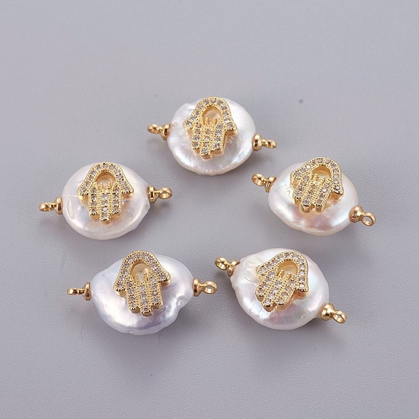 PandaHall Natural Pearl Links connectors, with Brass Micro Pave Cubic Zirconia Cabochons, Nuggets with Hamsa Hand/Hand of Fatima/Hand of..., Clear
PandaHall Natural Pearl Links connectors, with Brass Micro Pave Cubic Zirconia Cabochons, Nuggets with Hamsa Hand/Hand of Fatima/Hand of..., Clear