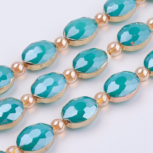 PandaHall Opaque Glass Beads Strands, with Brass Findings, Pearl Luster Plated, Faceted, Oval, Golden, Dark Turquoise, 12x16x7.5mm, Hole..., Cyan
PandaHall Opaque Glass Beads Strands, with Brass Findings, Pearl Luster Plated, Faceted, Oval, Golden, Dark Turquoise, 12x16x7.5mm, Hole..., Cyan