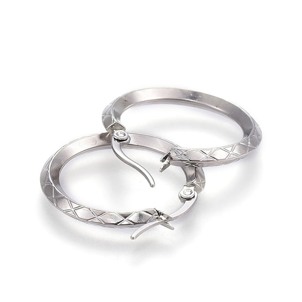 PandaHall 304 Stainless Steel Hoop Earrings, Textured, Stainless Steel Color, 27x26x3mm, Pin: 1.2x0.7mm 304 Stainless Steel Ring
PandaHall 304 Stainless Steel Hoop Earrings, Textured, Stainless Steel Color, 27x26x3mm, Pin: 1.2x0.7mm 304 Stainless Steel Ring