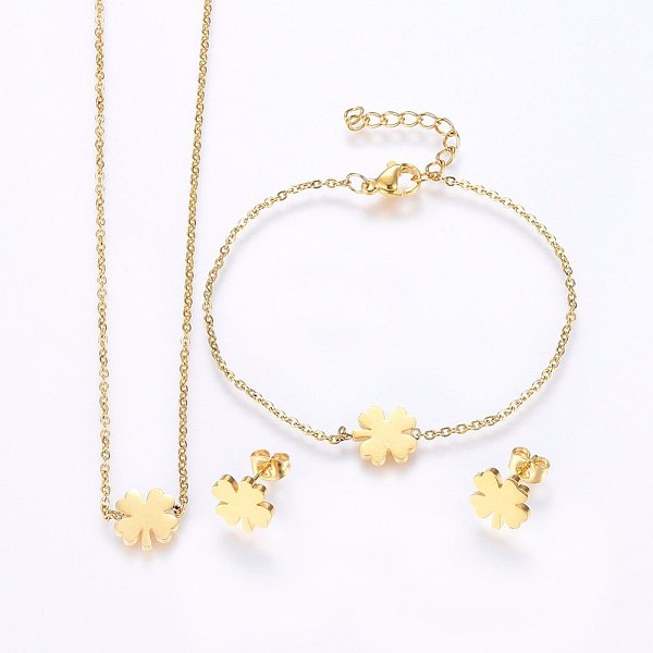 PandaHall 304 Stainless Steel Jewelry Sets, Pendant Necklaces & Stud Earrings & Bracelets, Clover, Golden, 16.54 inch(42cm), 7-1/8 inch...
PandaHall 304 Stainless Steel Jewelry Sets, Pendant Necklaces & Stud Earrings & Bracelets, Clover, Golden, 16.54 inch(42cm), 7-1/8 inch...