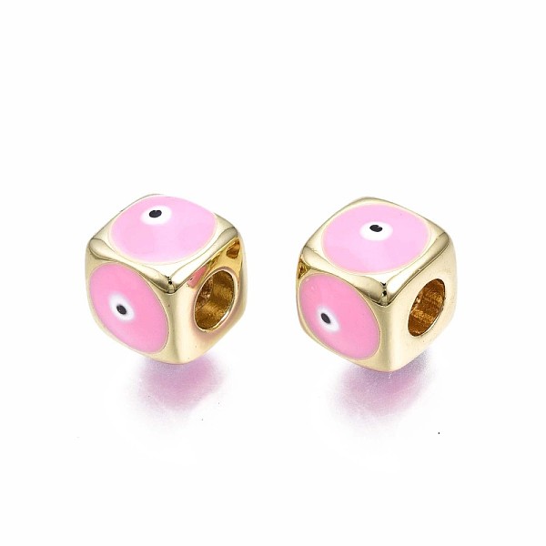 PandaHall Brass European Beads, with Enamel, Large Hole Beads, Real 18K Gold Plated, Nickel Free, Cube with Evil Eye, Pearl Pink, 9x10x10mm...
PandaHall Brass European Beads, with Enamel, Large Hole Beads, Real 18K Gold Plated, Nickel Free, Cube with Evil Eye, Pearl Pink, 9x10x10mm...