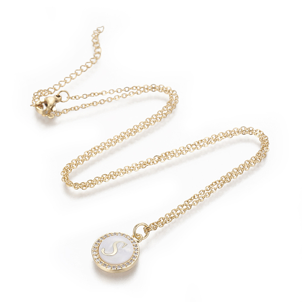 PandaHall Brass Initial Pendant Necklaces, with Shell, Cubic Zirconia and 304 Stainless Steel Cable Chains, Flat Round with Letter, Letter.S..., Clear
PandaHall Brass Initial Pendant Necklaces, with Shell, Cubic Zirconia and 304 Stainless Steel Cable Chains, Flat Round with Letter, Letter.S..., Clear