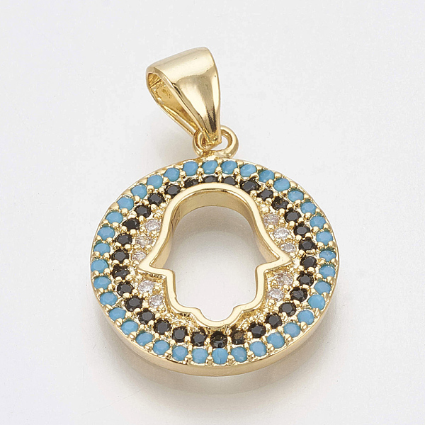 PandaHall Brass Micro Pave Cubic Zirconia Pendants, Flat Round with Hamsa Hand/Hand of Fatima /Hand of Miriam, Light Sky Blue & Black...
PandaHall Brass Micro Pave Cubic Zirconia Pendants, Flat Round with Hamsa Hand/Hand of Fatima /Hand of Miriam, Light Sky Blue & Black...