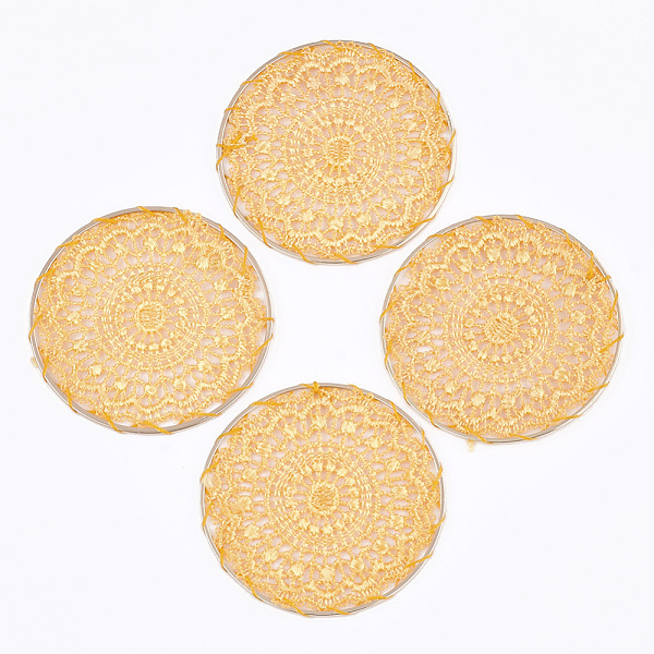 PandaHall Polycotton(Polyester Cotton) Woven Pendant Decorations, with Brass Findings, Flat Round with Flower, Light Gold, Gold, 50x1mm...
PandaHall Polycotton(Polyester Cotton) Woven Pendant Decorations, with Brass Findings, Flat Round with Flower, Light Gold, Gold, 50x1mm...