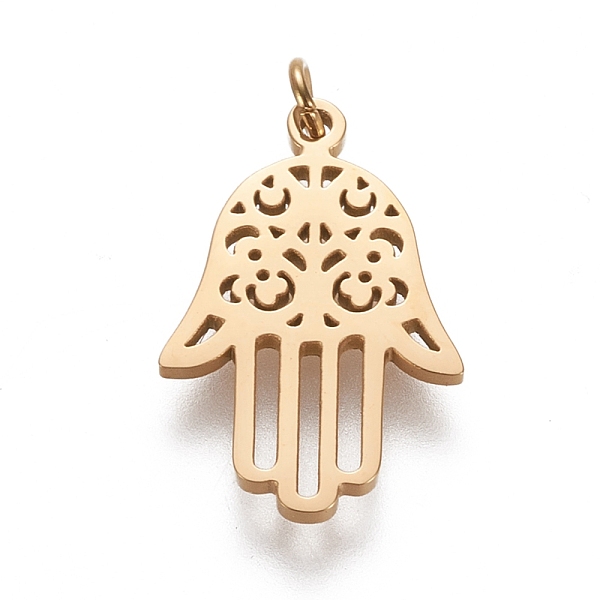 PandaHall 304 Stainless Steel Pendants, with Jump Ring, Laser Cut, Hamsa Hand/Hand of Fatima/Hand of Miriam, Golden, 20x13x1.5mm, Hole: 2mm...
PandaHall 304 Stainless Steel Pendants, with Jump Ring, Laser Cut, Hamsa Hand/Hand of Fatima/Hand of Miriam, Golden, 20x13x1.5mm, Hole: 2mm...