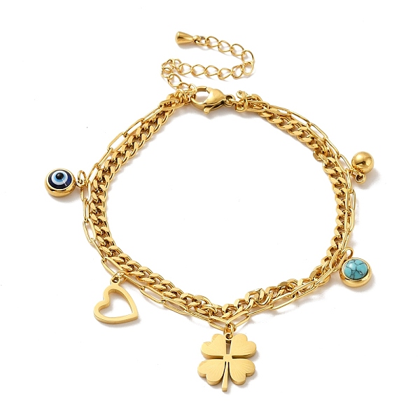 PandaHall Ion Plating(IP) 304 Stainless Steel Chain Multi-strand Bracelet with Heart and Clover, Synthetic Turquoise and Lampwork Evil Eye...
PandaHall Ion Plating(IP) 304 Stainless Steel Chain Multi-strand Bracelet with Heart and Clover, Synthetic Turquoise and Lampwork Evil Eye...