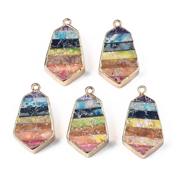 PandaHall Rainbow Color Natural Imperial Jasper Pendants, with Golden Iron Loop and Edge, Dyed, Quadrangle, 30~31x17x6~7mm, Hole: 1.6mm...
PandaHall Rainbow Color Natural Imperial Jasper Pendants, with Golden Iron Loop and Edge, Dyed, Quadrangle, 30~31x17x6~7mm, Hole: 1.6mm...