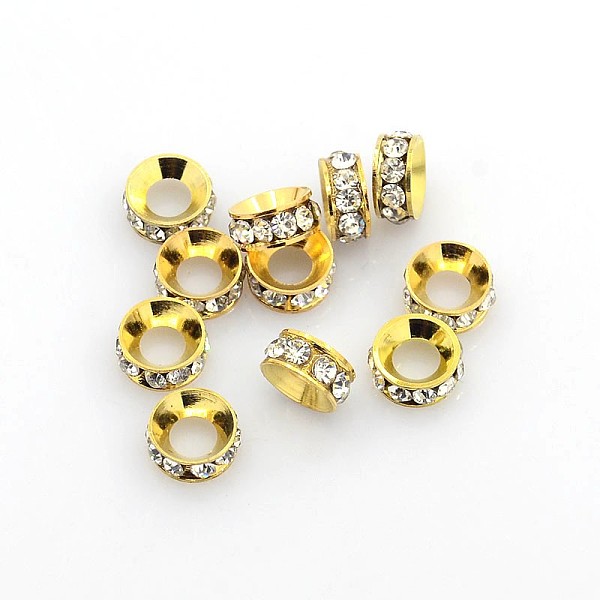 PandaHall Brass Rhinestone Spacer Beads, Grade A, Rondelle, Golden Metal Color, Crystal, 7x3.3mm, Hole: 3.5mm Brass+Rhinestone Rondelle..., Clear
PandaHall Brass Rhinestone Spacer Beads, Grade A, Rondelle, Golden Metal Color, Crystal, 7x3.3mm, Hole: 3.5mm Brass+Rhinestone Rondelle..., Clear