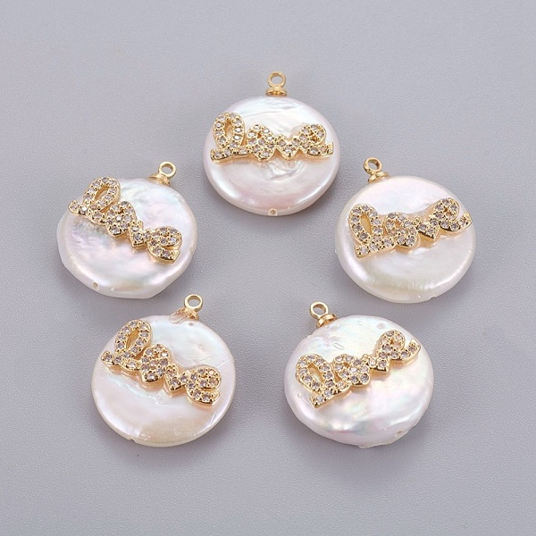 PandaHall Natural Cultured Freshwater Pearl Pendants, with Brass Micro Pave Cubic Zirconia Cabochons, Nuggets with Word Love, Clear, Golden...
PandaHall Natural Cultured Freshwater Pearl Pendants, with Brass Micro Pave Cubic Zirconia Cabochons, Nuggets with Word Love, Clear, Golden...