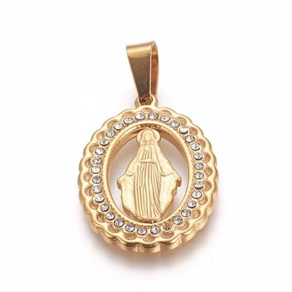 PandaHall Religion Theme 304 Stainless Steel Pendants, with Crystal Rhinestone, Oval with Virgin Mary, Golden, 25x17x2mm, Hole: 7x4mm..., Clear
PandaHall Religion Theme 304 Stainless Steel Pendants, with Crystal Rhinestone, Oval with Virgin Mary, Golden, 25x17x2mm, Hole: 7x4mm..., Clear