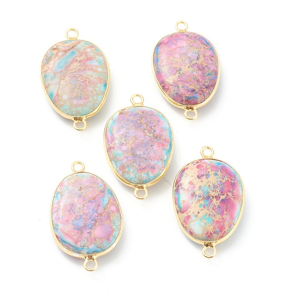 PandaHall Natural Imperial Jasper Link Connectors, Dyed & Heated, with Golden Brass Edges, Flat Oval, 30~39x17~21x6~6.5mm, Hole: 1~2mm..., Multicolor
PandaHall Natural Imperial Jasper Link Connectors, Dyed & Heated, with Golden Brass Edges, Flat Oval, 30~39x17~21x6~6.5mm, Hole: 1~2mm..., Multicolor