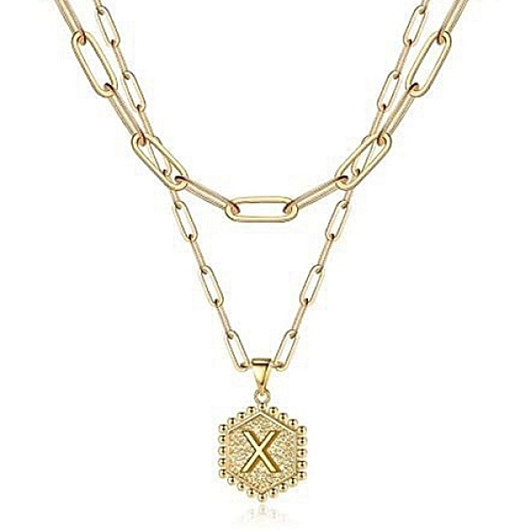 PandaHall Real 18K Gold Plated Stainless Steel Paperclip Chains Double Layer Necklaces, Hexagon with Initial Letter Pendant Necklace, Letter...
PandaHall Real 18K Gold Plated Stainless Steel Paperclip Chains Double Layer Necklaces, Hexagon with Initial Letter Pendant Necklace, Letter...