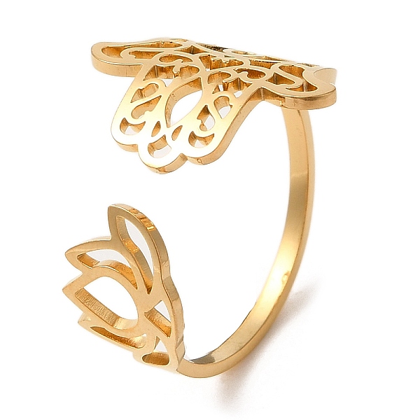 PandaHall 304 Stainless Steel Open Cuff Ring, Hamsa Hand & Lotus Flower, Golden, US Size 9(18.9mm) 304 Stainless Steel Hamsa Hand
PandaHall 304 Stainless Steel Open Cuff Ring, Hamsa Hand & Lotus Flower, Golden, US Size 9(18.9mm) 304 Stainless Steel Hamsa Hand