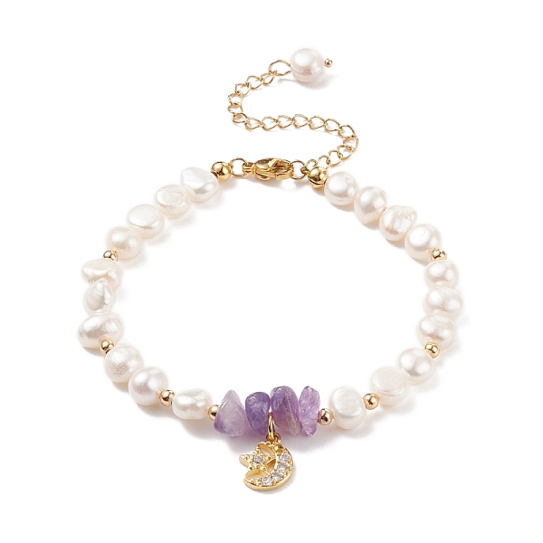 PandaHall Natural Amethyst Chips & Pearl Beaded Bracelet, Clear Cubic Zirconia Moon & Star Charm Bracelet for Women, Golden, 7-5/8 inch...
PandaHall Natural Amethyst Chips & Pearl Beaded Bracelet, Clear Cubic Zirconia Moon & Star Charm Bracelet for Women, Golden, 7-5/8 inch...