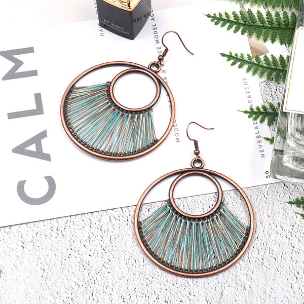 PandaHall Creative Design Alloy Dangle Earrings, with Yarn, Flat Round, Red Copper, Medium Turquoise, 75x55mm Yarn Cyan
PandaHall Creative Design Alloy Dangle Earrings, with Yarn, Flat Round, Red Copper, Medium Turquoise, 75x55mm Yarn Cyan