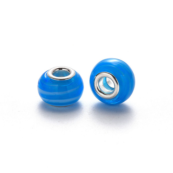 PandaHall Handmade Lampwork European Beads, Large Hole Rondelle Beads, with Platinum Tone Brass Double Cores, with White Stripes, Dodger...
PandaHall Handmade Lampwork European Beads, Large Hole Rondelle Beads, with Platinum Tone Brass Double Cores, with White Stripes, Dodger...