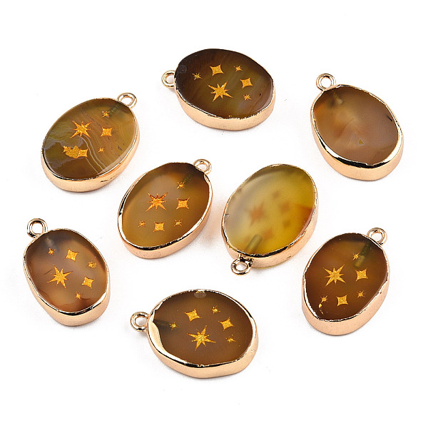 PandaHall Natural Agate Pendants, with Light Gold Plated Brass Edge & Iorn Loops, Gold Powder, Dyed & Heated, Oval with Star Charm, Dark...
PandaHall Natural Agate Pendants, with Light Gold Plated Brass Edge & Iorn Loops, Gold Powder, Dyed & Heated, Oval with Star Charm, Dark...