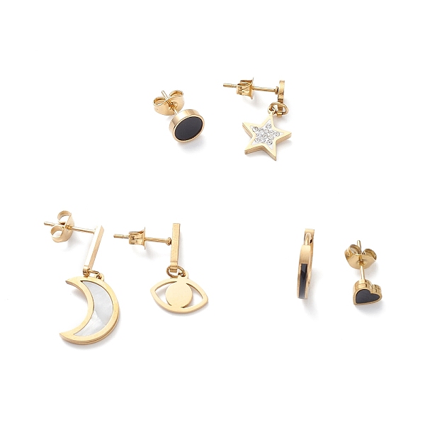 PandaHall 3 Pair 3 Style Synthetic Shell Moon & Rhinestone Star & Heart Asymmetrical Earrings, Ion Plating(IP) 304 Stainless Steel Dangle...
PandaHall 3 Pair 3 Style Synthetic Shell Moon & Rhinestone Star & Heart Asymmetrical Earrings, Ion Plating(IP) 304 Stainless Steel Dangle...