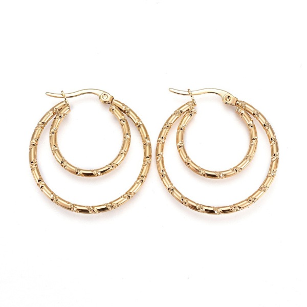 PandaHall 304 Stainless Steel Hoop Earrings, Hypoallergenic Earrings, Textured Double Rings, Golden, 12 Gauge, 32x30x2mm, Pin: 1mm 304...
PandaHall 304 Stainless Steel Hoop Earrings, Hypoallergenic Earrings, Textured Double Rings, Golden, 12 Gauge, 32x30x2mm, Pin: 1mm 304...