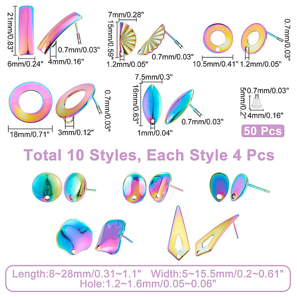 PandaHall CHGCRAFT 40Pcs 10 Style Rainbow Color 304 Stainless Steel Stud Earring Findings, with 50Pcs Plastic Ear Nuts, Rectangle & Fan &...
PandaHall CHGCRAFT 40Pcs 10 Style Rainbow Color 304 Stainless Steel Stud Earring Findings, with 50Pcs Plastic Ear Nuts, Rectangle & Fan &...