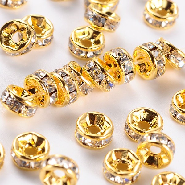 PandaHall Brass Rhinestone Spacer Beads, Grade AAA, Straight Flange, Nickel Free, Golden Metal Color, Rondelle, Crystal, 5x2.5mm, Hole: 1mm..., Clear
PandaHall Brass Rhinestone Spacer Beads, Grade AAA, Straight Flange, Nickel Free, Golden Metal Color, Rondelle, Crystal, 5x2.5mm, Hole: 1mm..., Clear