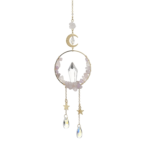 PandaHall Wire Wrapped Natural Amethyst Chips & Brass Ring Pendant Decorations, with Glass Teardrop & Cone Pendant, 270~280mm Amethyst Ring
PandaHall Wire Wrapped Natural Amethyst Chips & Brass Ring Pendant Decorations, with Glass Teardrop & Cone Pendant, 270~280mm Amethyst Ring