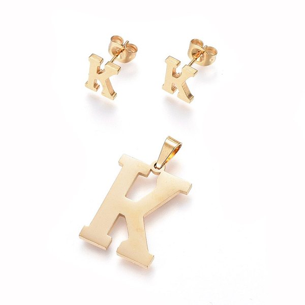 PandaHall 304 Stainless Steel Pendants and Stud Earrings Jewelry Sets, Alphabet, Letter.K, 20~23x13~19x1.5mm, Hole: 6x3mm, 6~10x6~9x1mm, Pin...
PandaHall 304 Stainless Steel Pendants and Stud Earrings Jewelry Sets, Alphabet, Letter.K, 20~23x13~19x1.5mm, Hole: 6x3mm, 6~10x6~9x1mm, Pin...