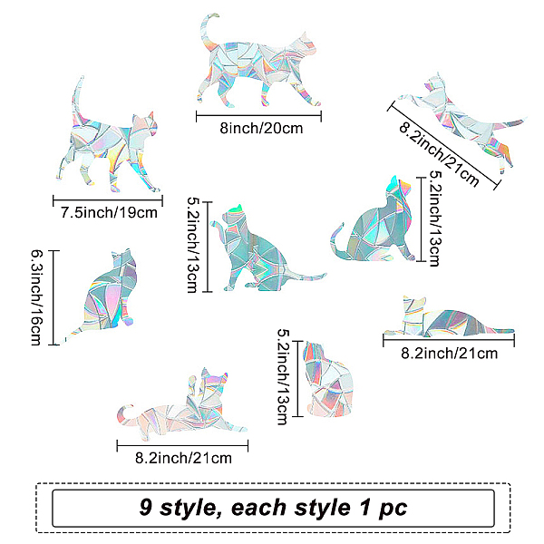 PandaHall Rainbow Prism Paster, Window Sticker Decorations, Cat Shape, Colorful, 13~21cm, 9pcs/set Plastic Cat Shape
PandaHall Rainbow Prism Paster, Window Sticker Decorations, Cat Shape, Colorful, 13~21cm, 9pcs/set Plastic Cat Shape