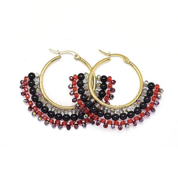 PandaHall 304 Stainless Steel Hoop Earrings, Beaded Hoop Earrings, with Glass Beads, Fan, Golden, Black, 40.5~42x48~48.5x4mm Glass Fan Black
PandaHall 304 Stainless Steel Hoop Earrings, Beaded Hoop Earrings, with Glass Beads, Fan, Golden, Black, 40.5~42x48~48.5x4mm Glass Fan Black