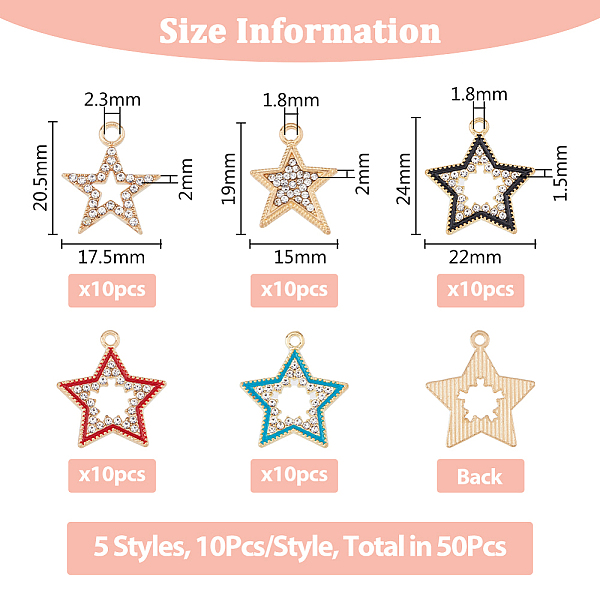 PandaHall SUPERFINDINGS 50Pcs 5 Style Alloy Crystal Rhinestone Pendants, with Enamel, Star Charms, Mixed Color, 19~24x15~22x1.5~2mm, Hole..., Multicolor
PandaHall SUPERFINDINGS 50Pcs 5 Style Alloy Crystal Rhinestone Pendants, with Enamel, Star Charms, Mixed Color, 19~24x15~22x1.5~2mm, Hole..., Multicolor