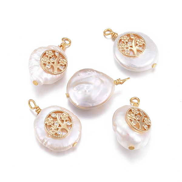 PandaHall Natural Cultured Freshwater Pearl Pendants, with Brass Micro Pave Cubic Zirconia Findings, Nuggets, Flat Round with Tree, Golden..., Clear 
PandaHall Natural Cultured Freshwater Pearl Pendants, with Brass Micro Pave Cubic Zirconia Findings, Nuggets, Flat Round with Tree, Golden..., Clear