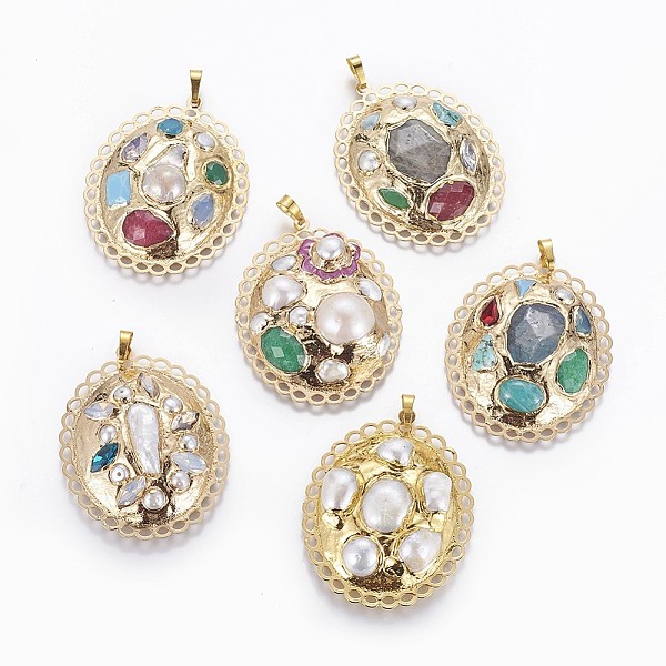 PandaHall Brass Big Pendants, with Natural Cultured Freshwater Pearl and Gemstone Beads, Oval, Golden, 53x42x8~16mm, Hole: 5x7mm Brass Oval..., Multicolor
PandaHall Brass Big Pendants, with Natural Cultured Freshwater Pearl and Gemstone Beads, Oval, Golden, 53x42x8~16mm, Hole: 5x7mm Brass Oval..., Multicolor