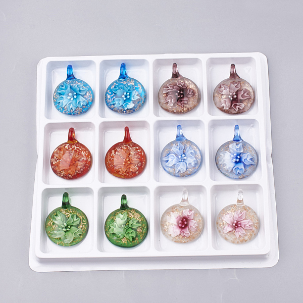 PandaHall Handmade Gold Sand Lampwork Pendants, Inner Flower, Flat Round, Mixed Color, 45~47x35~36x15~16mm, Hole: 8mm, Box Size..., Multicolor
PandaHall Handmade Gold Sand Lampwork Pendants, Inner Flower, Flat Round, Mixed Color, 45~47x35~36x15~16mm, Hole: 8mm, Box Size..., Multicolor