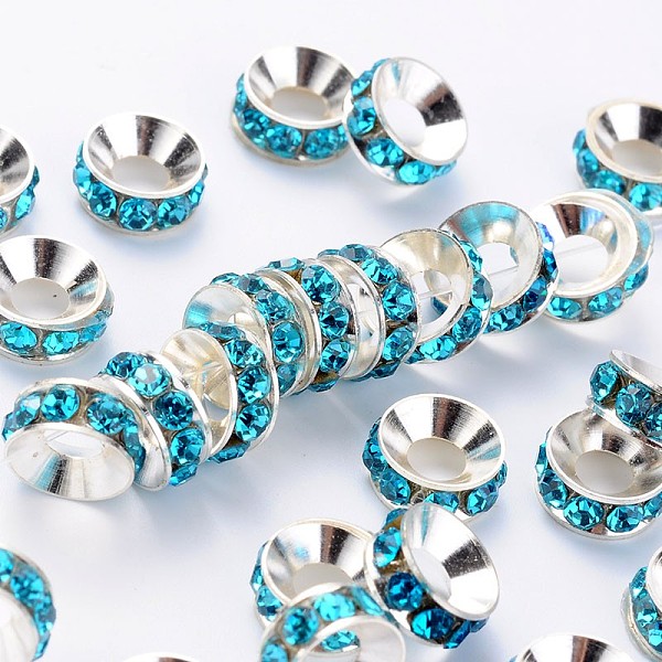 PandaHall Brass Rhinestone Spacer Beads, Grade A, Rondelle, Silver Color Plated, Aquamarine, 9x4mm Brass+Rhinestone Rondelle Cyan
PandaHall Brass Rhinestone Spacer Beads, Grade A, Rondelle, Silver Color Plated, Aquamarine, 9x4mm Brass+Rhinestone Rondelle Cyan