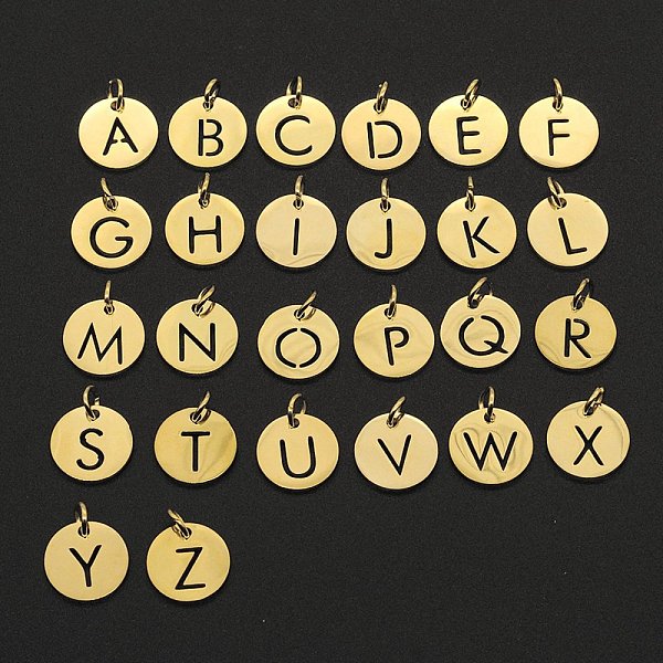 PandaHall 201 Stainless Steel Charms, Laser Cut, with Jump Rings, Flat Round with Alphabet A~Z, Golden, 12x12x1mm, Hole: 3mm, 26pcs/set 201...
PandaHall 201 Stainless Steel Charms, Laser Cut, with Jump Rings, Flat Round with Alphabet A~Z, Golden, 12x12x1mm, Hole: 3mm, 26pcs/set 201...