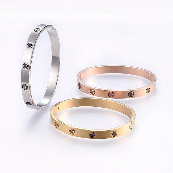 PandaHall 304 Stainless Steel Bangles, with Cubic Zirconia, Colorful, Mixed Color, 2-3/8 inch(6.1cm)x2-1/8 inch(5.3cm), 7mm Cubic Zirconia
PandaHall 304 Stainless Steel Bangles, with Cubic Zirconia, Colorful, Mixed Color, 2-3/8 inch(6.1cm)x2-1/8 inch(5.3cm), 7mm Cubic Zirconia