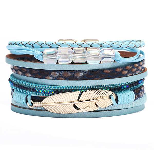 PandaHall PU Leather Multi-strand Bracelets, with Wax Polyester Cords, Alloy Magnetic Clasp and Rhinestone, Feather, Golden, Sky Blue, 7-1/2...
PandaHall PU Leather Multi-strand Bracelets, with Wax Polyester Cords, Alloy Magnetic Clasp and Rhinestone, Feather, Golden, Sky Blue, 7-1/2...
