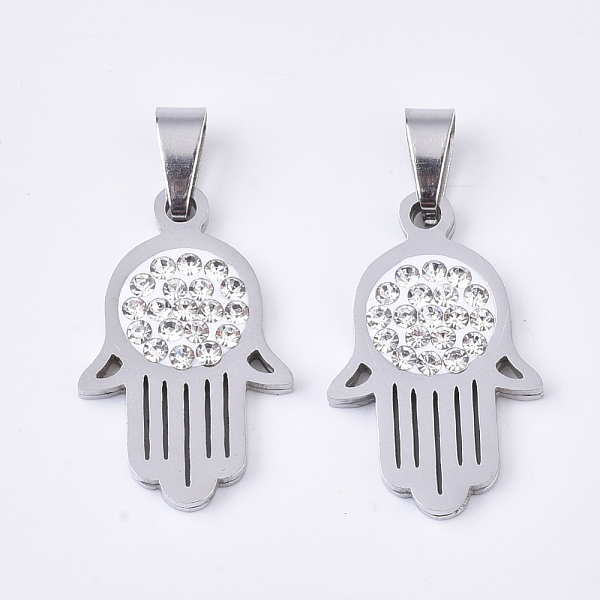 PandaHall 201 Stainless Steel Pendants, with Random Size Snap On Bails and Polymer Clay Crystal Rhinestones, Hamsa Hand/Hand of Fatima/Hand..., Clear
PandaHall 201 Stainless Steel Pendants, with Random Size Snap On Bails and Polymer Clay Crystal Rhinestones, Hamsa Hand/Hand of Fatima/Hand..., Clear