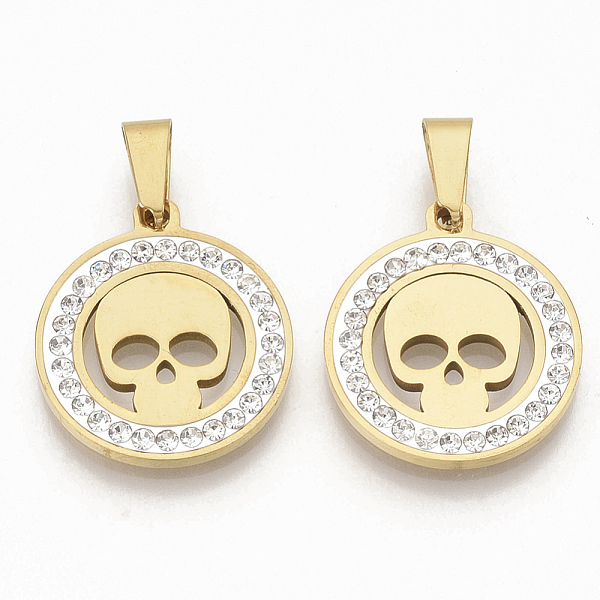 PandaHall 201 Stainless Steel Pendants, with Random Size Snap On Bails and Polymer Clay Crystal Rhinestones, Flat Round with Skull, Golden..., Clear
PandaHall 201 Stainless Steel Pendants, with Random Size Snap On Bails and Polymer Clay Crystal Rhinestones, Flat Round with Skull, Golden..., Clear