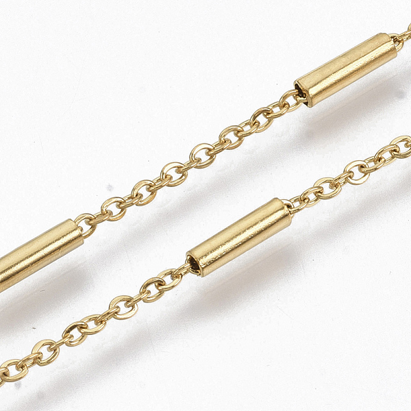 PandaHall 304 Stainless Steel Cable Chains, with Steel Column Beads, Soldered, Flat Oval, Golden, 2x1.6x0.3mm, about 39.37 inch(1m)/strand...
PandaHall 304 Stainless Steel Cable Chains, with Steel Column Beads, Soldered, Flat Oval, Golden, 2x1.6x0.3mm, about 39.37 inch(1m)/strand...