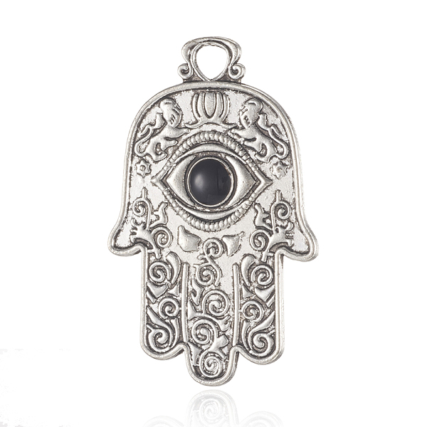 PandaHall Alloy Enamel Hamsa Hand/Hand of Fatima/Hand of Miriam with Eye Pendants, Antique Silver, Black, 47x31x3mm, Hole: 4.5mm...
PandaHall Alloy Enamel Hamsa Hand/Hand of Fatima/Hand of Miriam with Eye Pendants, Antique Silver, Black, 47x31x3mm, Hole: 4.5mm...