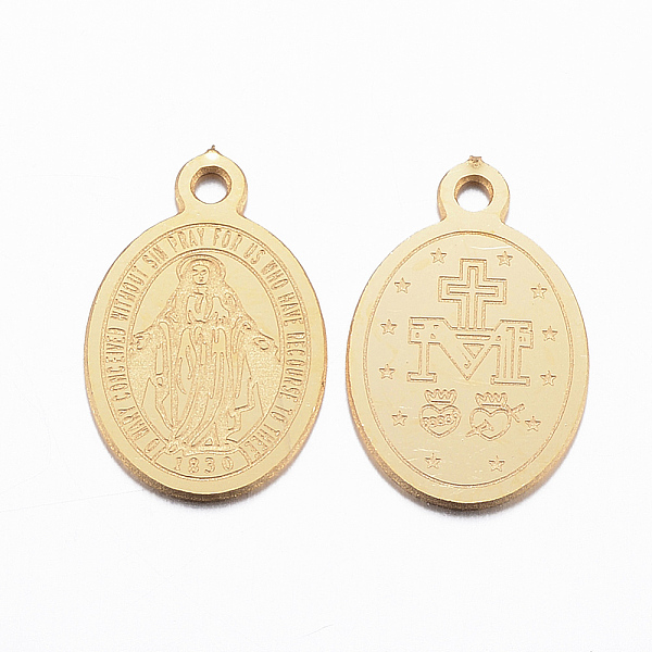 PandaHall Ion Plating(IP) 304 Stainless Steel Charms, Oval with Virgin Mary, Golden, 14x9x0.8mm, Hole: 1mm 304 Stainless Steel Oval
PandaHall Ion Plating(IP) 304 Stainless Steel Charms, Oval with Virgin Mary, Golden, 14x9x0.8mm, Hole: 1mm 304 Stainless Steel Oval