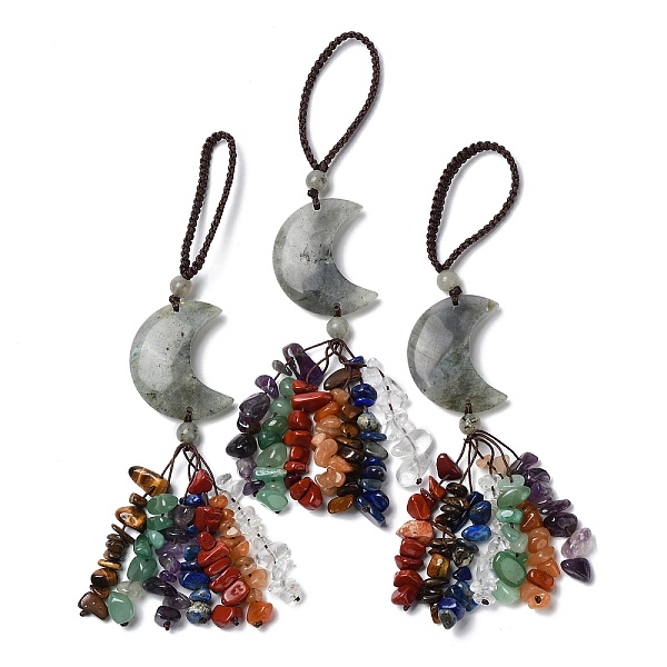PandaHall Moon Natural Labradorite Pendant Decorations, Nylon Cord and Gemstone Chip Tassel Hanging Ornaments, 150~155mm Labradorite Moon
PandaHall Moon Natural Labradorite Pendant Decorations, Nylon Cord and Gemstone Chip Tassel Hanging Ornaments, 150~155mm Labradorite Moon