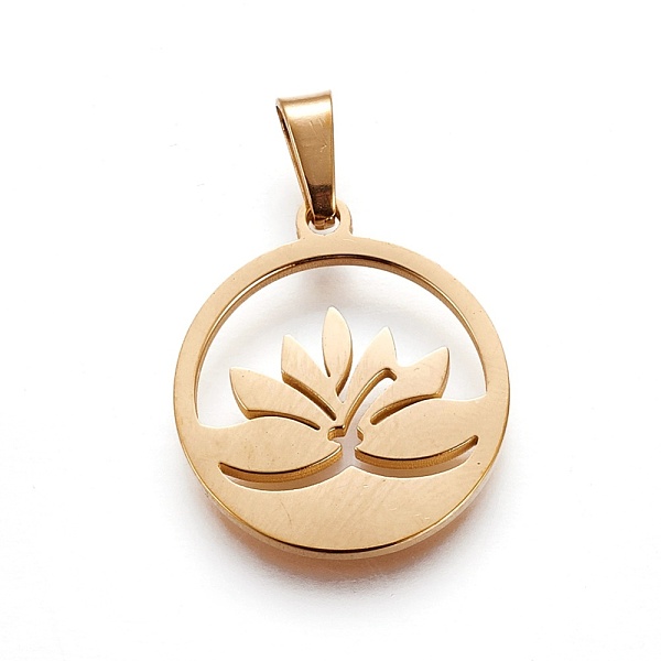 PandaHall 304 Stainless Steel Pendants, Ring with Lotus, Golden, 19~20x16~17x1.5mm, Hole: 5x2.5mm 304 Stainless Steel Flower
PandaHall 304 Stainless Steel Pendants, Ring with Lotus, Golden, 19~20x16~17x1.5mm, Hole: 5x2.5mm 304 Stainless Steel Flower