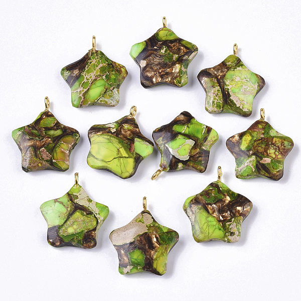PandaHall Assembled Synthetic Imperial Jasper and Bronzite Pendants, with Golden Tone Iron Loop, Dyed, Star, Green Yellow, 23~24x21x5mm...
PandaHall Assembled Synthetic Imperial Jasper and Bronzite Pendants, with Golden Tone Iron Loop, Dyed, Star, Green Yellow, 23~24x21x5mm...