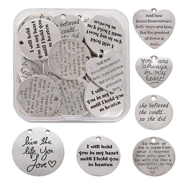 PandaHall 36Pcs 6 Style Tibetan Style Carved Words Alloy Pendants, Quote Pendants, Heart & Flat Round, Antique Silver, 20.3~30x21.4~24x1~3mm...
PandaHall 36Pcs 6 Style Tibetan Style Carved Words Alloy Pendants, Quote Pendants, Heart & Flat Round, Antique Silver, 20.3~30x21.4~24x1~3mm...