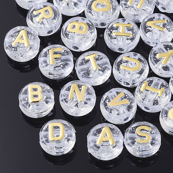 PandaHall Plating Transparent Acrylic Beads, with Glitter Powder, Metal Enlaced, Horizontal Hole, Flat Round with Letter, Light Khaki...
PandaHall Plating Transparent Acrylic Beads, with Glitter Powder, Metal Enlaced, Horizontal Hole, Flat Round with Letter, Light Khaki...