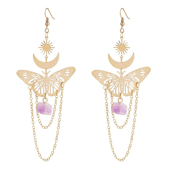 PandaHall Alloy Butterfly with Natural Amethyst Tassel Dangle Earrings, Sun & Moon Long Drop Earrings for Women, Golden, 122x48mm, Pin...
PandaHall Alloy Butterfly with Natural Amethyst Tassel Dangle Earrings, Sun & Moon Long Drop Earrings for Women, Golden, 122x48mm, Pin...