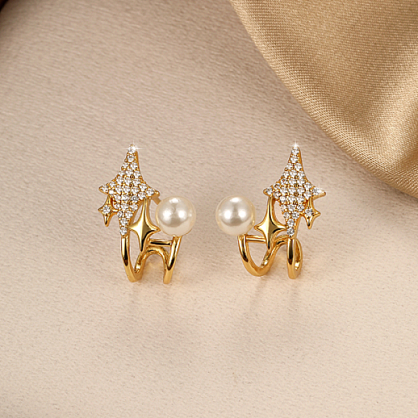 PandaHall Brass Star Stud Earrings with Shell Pearl, Clear Cubic Zirconia Half Hoop Earrings, Real 18K Gold Plated, 17x13mm Brass Star
PandaHall Brass Star Stud Earrings with Shell Pearl, Clear Cubic Zirconia Half Hoop Earrings, Real 18K Gold Plated, 17x13mm Brass Star