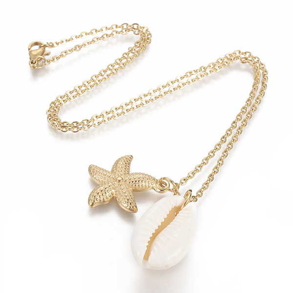 PandaHall 304 Stainless Steel Pendant Necklaces, with Natural Cowrie Shell, Starfish/Sea Stars, Golden, 450x2mm Shell White
PandaHall 304 Stainless Steel Pendant Necklaces, with Natural Cowrie Shell, Starfish/Sea Stars, Golden, 450x2mm Shell White